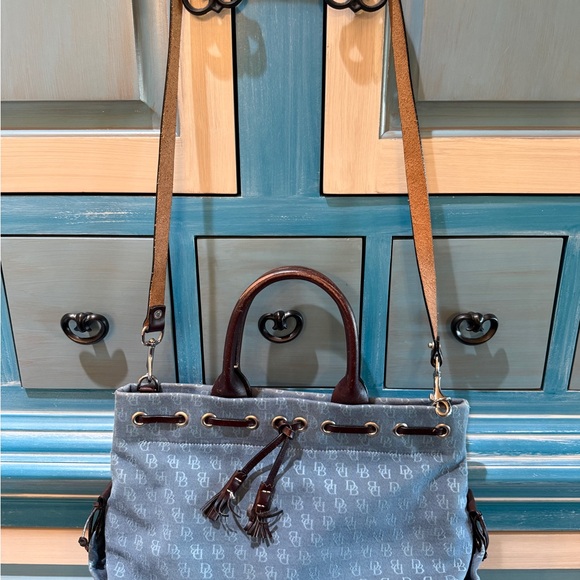 Dooney & Bourke Handbags - Dooney & Bourke Blue Monogram Canvas Tote with Brown Leather Trim